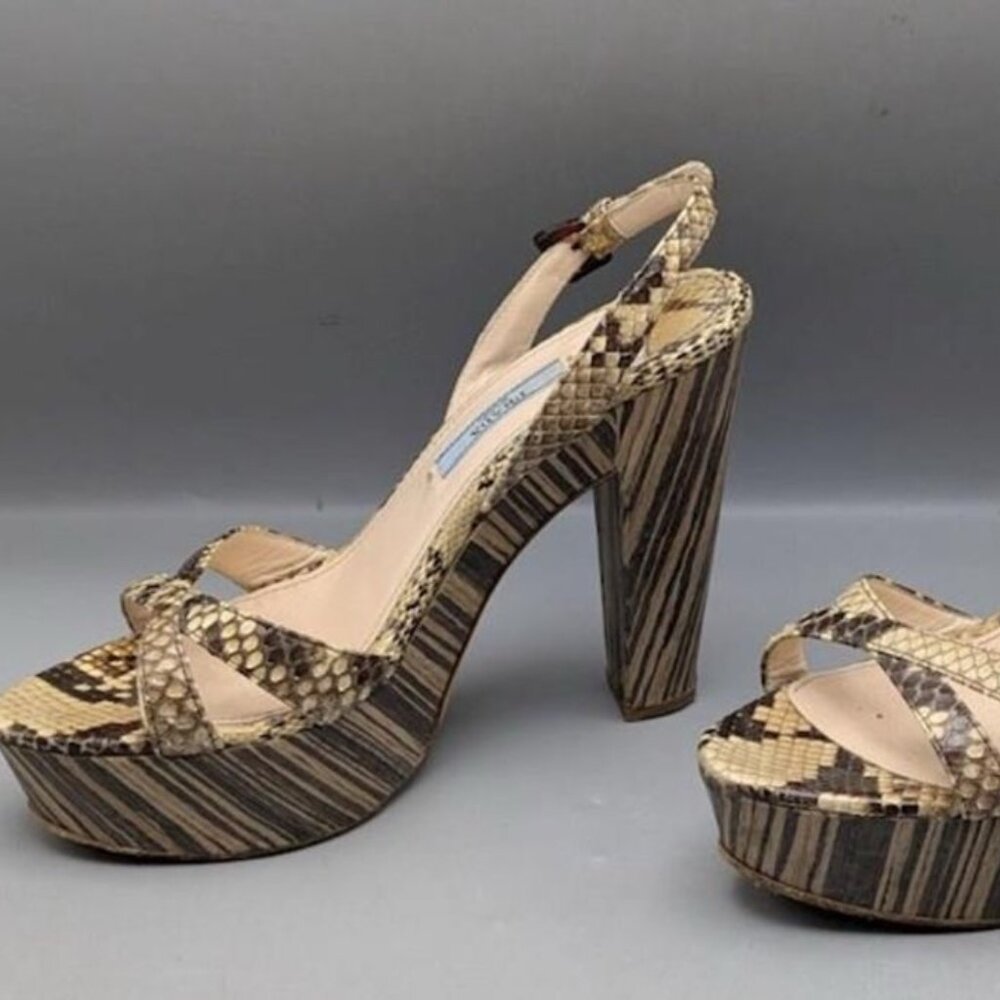 Prada Snakeskin & Striped Wood Platform Heels – Size 37